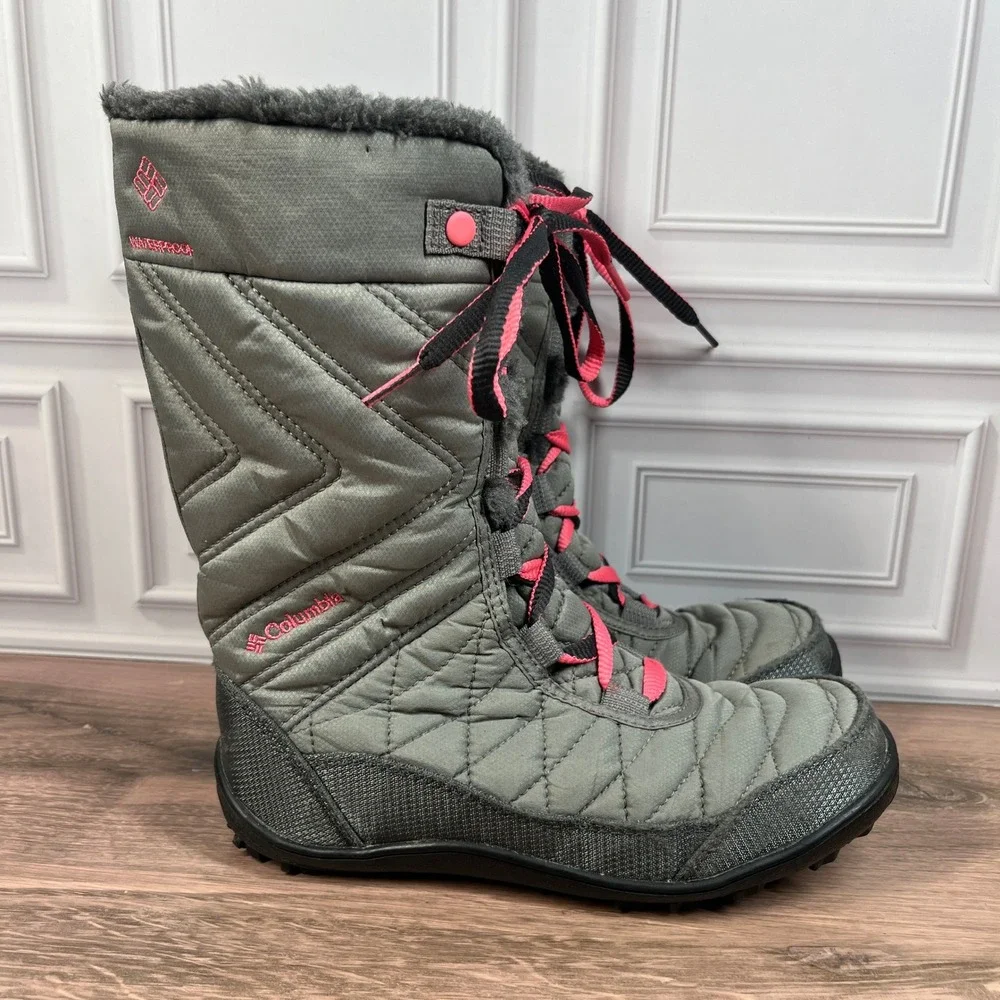 Columbia‎ Minx Mid III Snow Boots Big Girls Grey Pink Waterproof Quilted Size 3